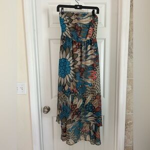 Collective Concepts Strapless high low Dress with Blue and Brown Floral Design